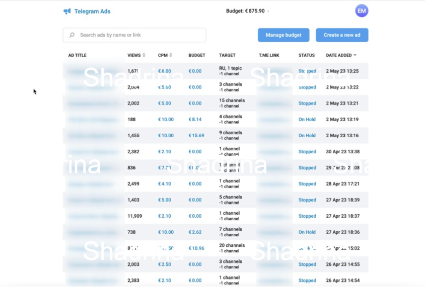 Скриншот рекламных объявлений Telegram Ads